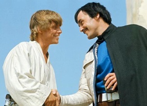 Luke with Biggs on Tatooine.